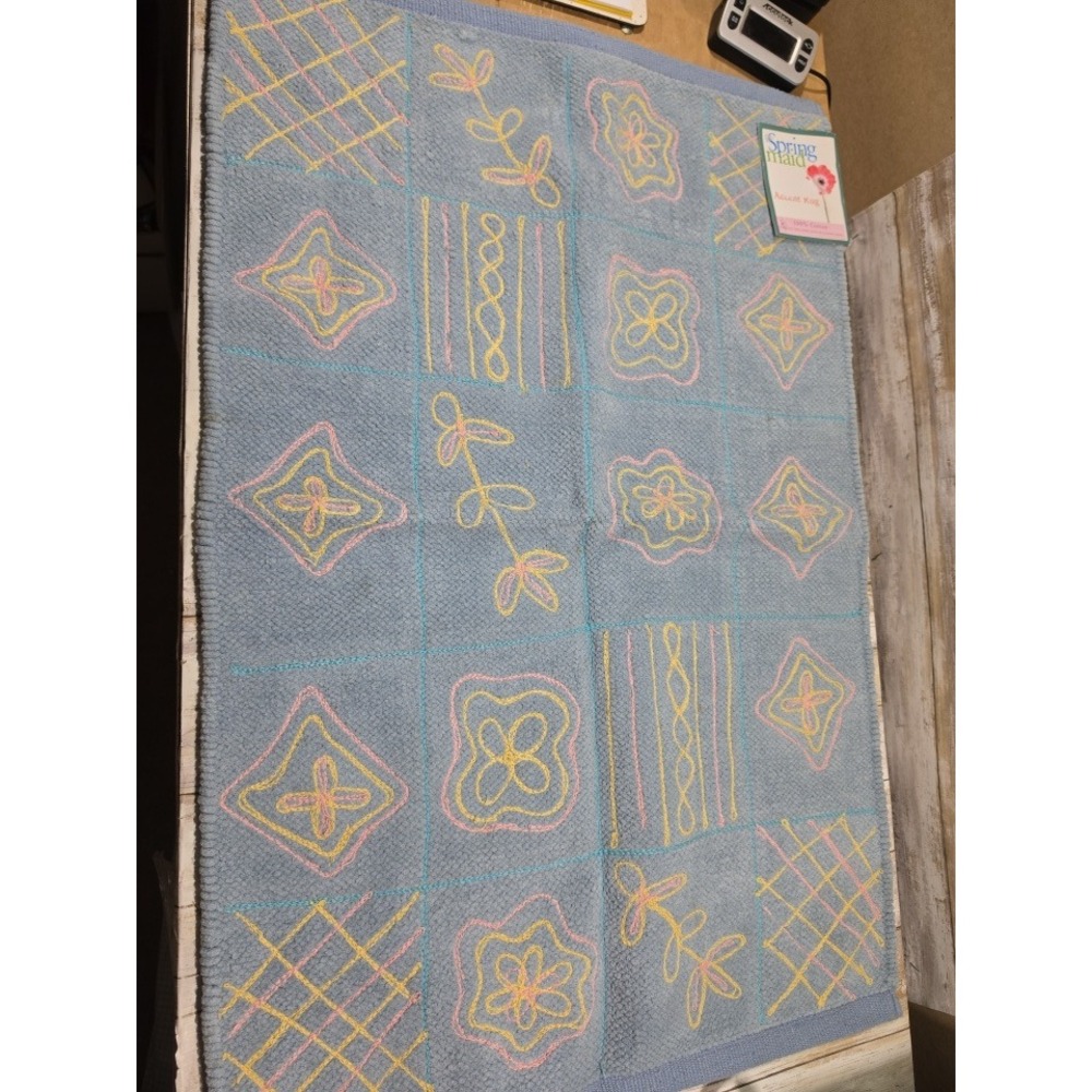 Springmaid Colony Patch Blue Accent Rug 22x34 Cotton Embroidered Floral READ